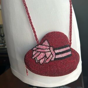 Fully beaded red hat ladies cross body decorative handbag braided strap nwot